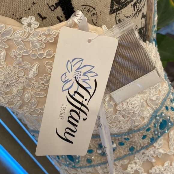 Stunning Ivory Lace & Blue Embellishments Formal Evening Gown… - Picture 13 of 15